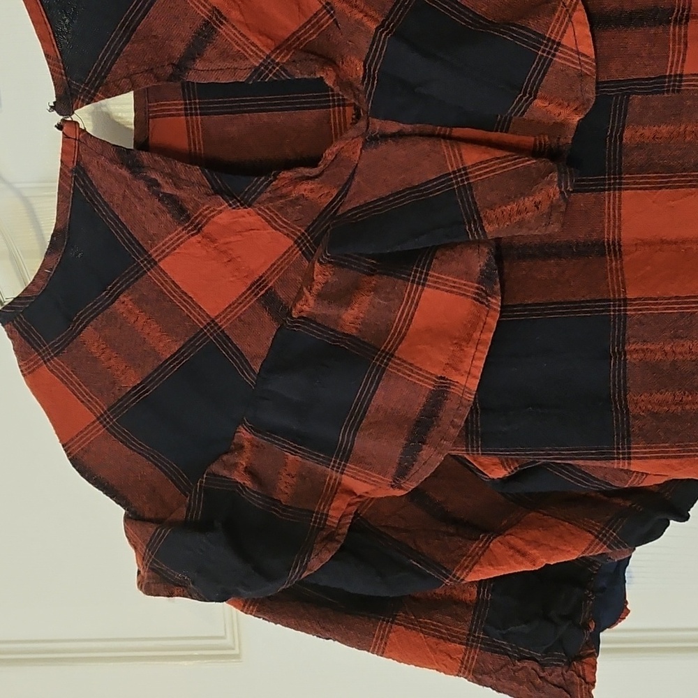 BCBGeneratiom Red and Blue Plaid and Check Blouse with Ruffles - Picture 14 of 15
